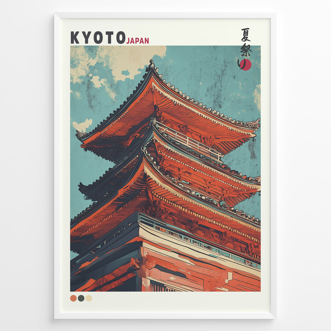 Japanske plakater | Illustrated close-up of a traditional red pagoda in Kyoto, Japan, set against a blue sky with stylized clouds.