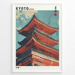 Load image into Gallery viewer, Japanske plakater | Illustrated close-up of a traditional red pagoda in Kyoto, Japan, set against a blue sky with stylized clouds.
