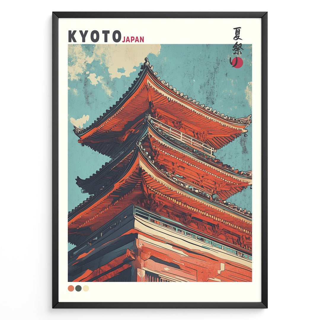 Japanske plakater | Illustrated close-up of a traditional red pagoda in Kyoto, Japan, set against a blue sky with stylized clouds.