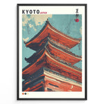 Load image into Gallery viewer, Japanske plakater | Illustrated close-up of a traditional red pagoda in Kyoto, Japan, set against a blue sky with stylized clouds.
