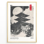 Load image into Gallery viewer, Japanske plakater | Black and white illustration of a traditional Japanese pagoda in Kyoto beneath a full moon, with a red Japanese seal and minimalist frame design.
