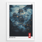 Load image into Gallery viewer, Japanske plakater | Moody night scene of traditional Japanese temples in Kyoto surrounded by mist, with glowing lanterns and a mountainous background. Labeled “Kyoto” in English and Japanese.
