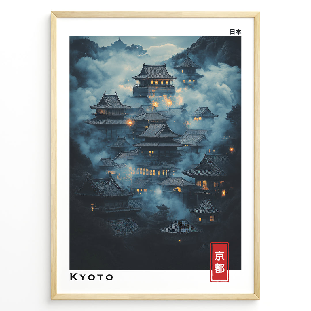 Japanske plakater | Moody night scene of traditional Japanese temples in Kyoto surrounded by mist, with glowing lanterns and a mountainous background. Labeled “Kyoto” in English and Japanese.