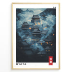 Load image into Gallery viewer, Japanske plakater | Moody night scene of traditional Japanese temples in Kyoto surrounded by mist, with glowing lanterns and a mountainous background. Labeled “Kyoto” in English and Japanese.
