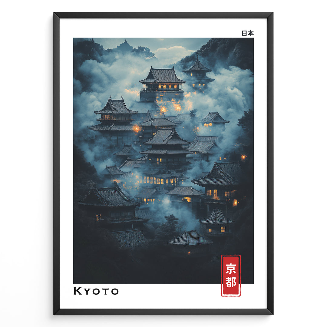 Japanske plakater | Moody night scene of traditional Japanese temples in Kyoto surrounded by mist, with glowing lanterns and a mountainous background. Labeled “Kyoto” in English and Japanese.