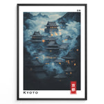 Load image into Gallery viewer, Japanske plakater | Moody night scene of traditional Japanese temples in Kyoto surrounded by mist, with glowing lanterns and a mountainous background. Labeled “Kyoto” in English and Japanese.
