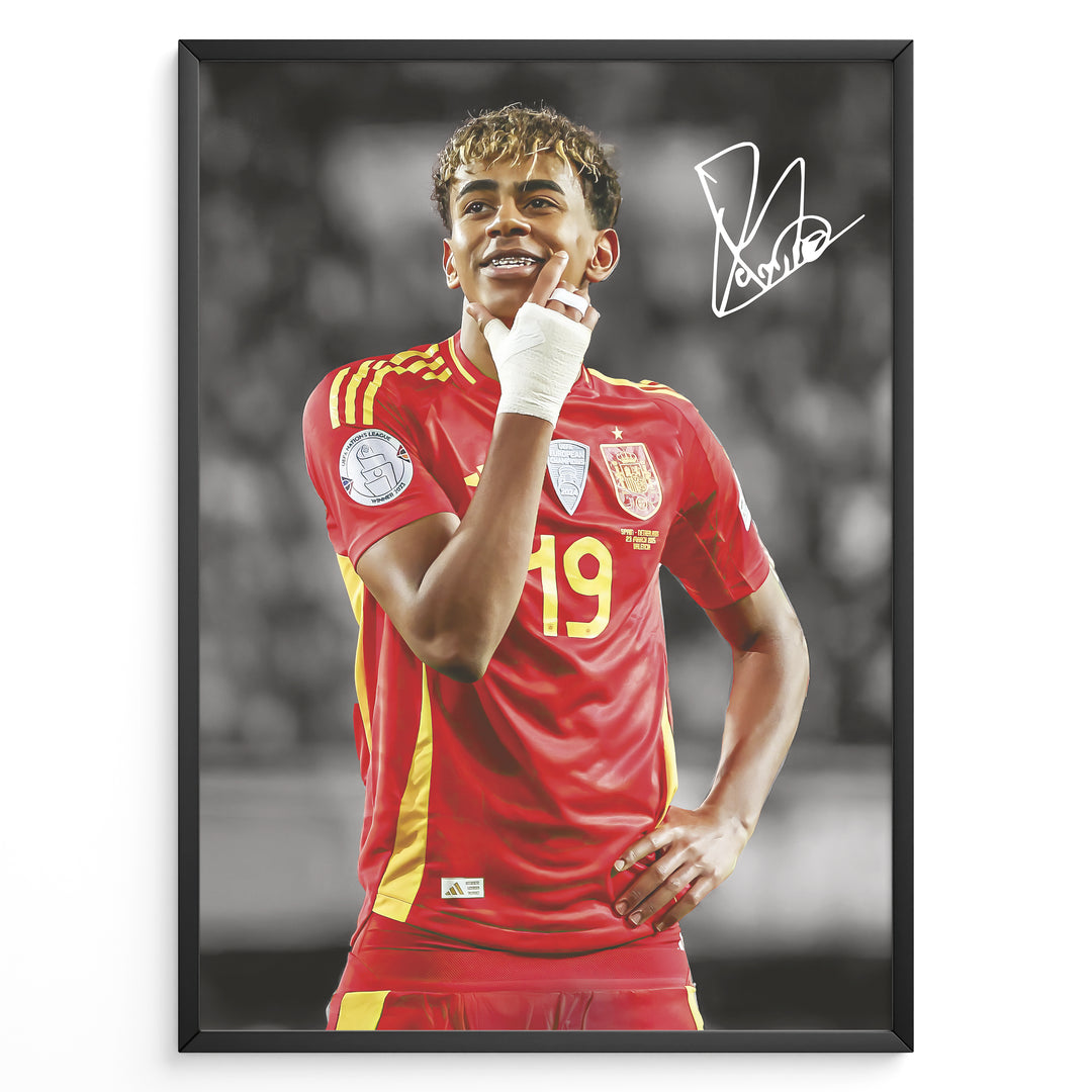 Lamine Yamal fodbold plakat i Spaniens røde landsholdstrøje nummer 19 med selvsikkert og fokuseret udtryk.