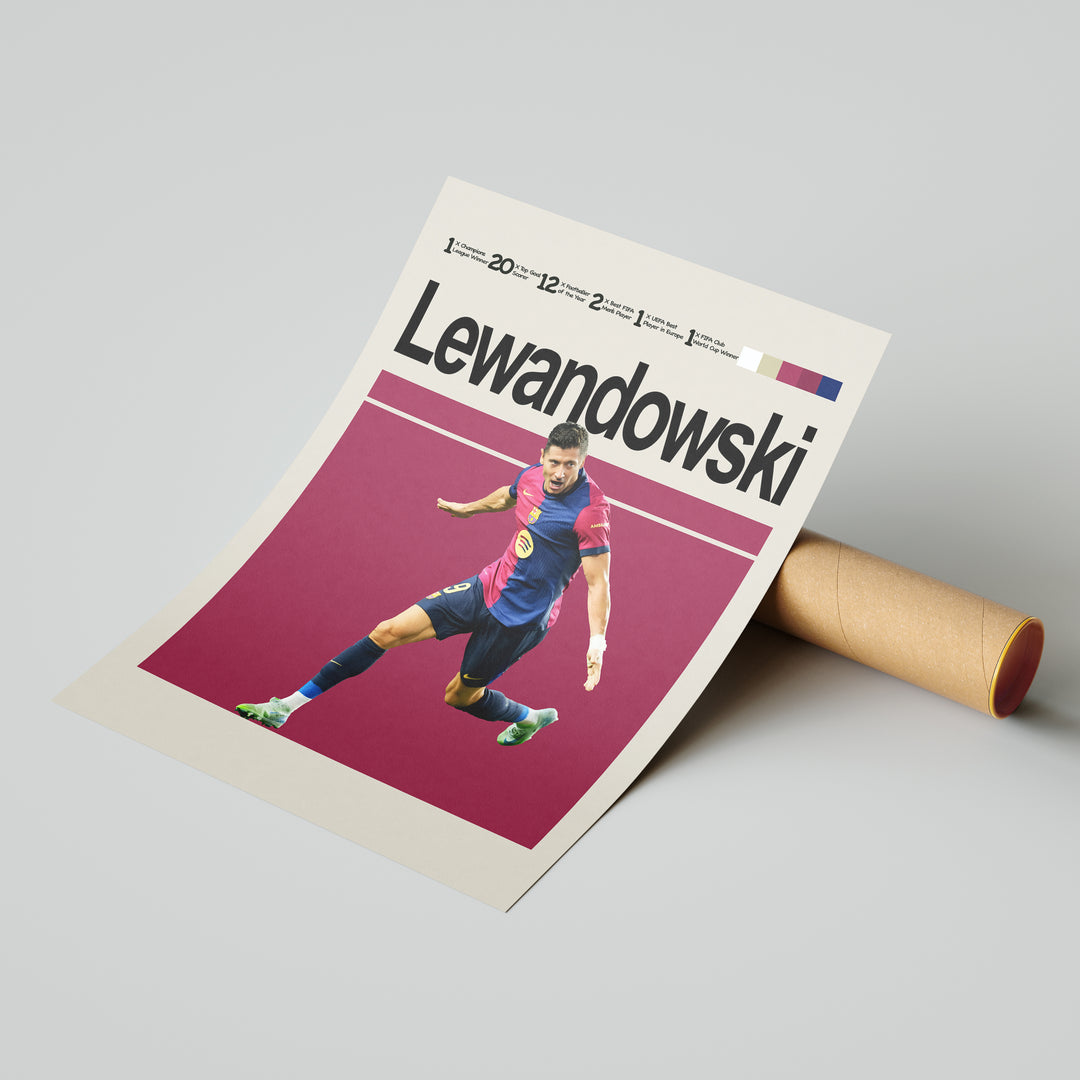 Robert Lewandowski fodbold plakat | FC Barcelona trøje i rød og blå med fejring – perfekt til fans af herrefodbold og La Liga