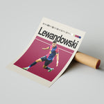 Load image into Gallery viewer, Robert Lewandowski fodbold plakat | FC Barcelona trøje i rød og blå med fejring – perfekt til fans af herrefodbold og La Liga
