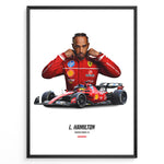Load image into Gallery viewer, Framed poster of Lewis Hamilton in Ferrari red racing suit standing behind his red Formula 1 Ferrari car with number 44.
