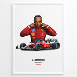 Load image into Gallery viewer, Framed poster of Lewis Hamilton in Ferrari red racing suit standing behind his red Formula 1 Ferrari car with number 44.
