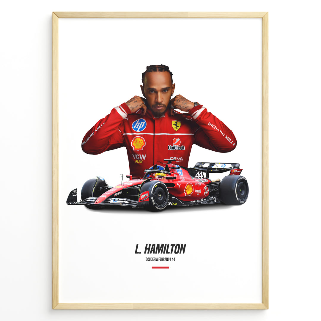 Framed poster of Lewis Hamilton in Ferrari red racing suit standing behind his red Formula 1 Ferrari car with number 44.