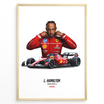 Load image into Gallery viewer, Framed poster of Lewis Hamilton in Ferrari red racing suit standing behind his red Formula 1 Ferrari car with number 44.
