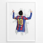 Load image into Gallery viewer, Plakat of Lionel Messi wearing Barcelona number 10 jersey, celebrating with arms raised.
