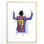 Load image into Gallery viewer, Plakat of Lionel Messi wearing Barcelona number 10 jersey, celebrating with arms raised.
