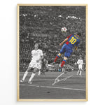 Load image into Gallery viewer, Plakat of Lionel Messi scoring a header in the 2009 Champions League Final in Barcelona kit, with printed signature and black-and-white background.
