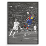 Load image into Gallery viewer, Plakat of Lionel Messi scoring a header in the 2009 Champions League Final in Barcelona kit, with printed signature and black-and-white background.
