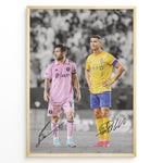 Load image into Gallery viewer, Plakat of Lionel Messi in pink Inter Miami jersey and Cristiano Ronaldo in yellow Al Nassr jersey, with printed signatures and black-and-white background.
