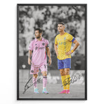 Load image into Gallery viewer, Plakat of Lionel Messi in pink Inter Miami jersey and Cristiano Ronaldo in yellow Al Nassr jersey, with printed signatures and black-and-white background.
