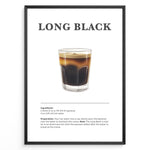 Load image into Gallery viewer, Long Black coffee recipe illustration with a glass of layered espresso and hot water.
