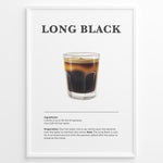 Load image into Gallery viewer, Long Black coffee recipe illustration with a glass of layered espresso and hot water.
