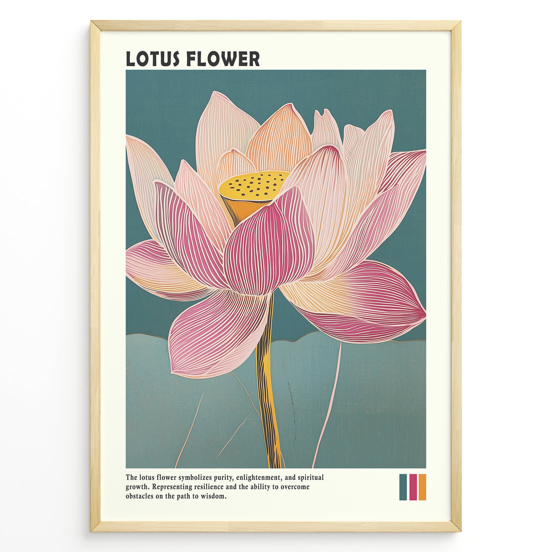 Plakater | Framed artistic illustration of a lotus flower with pink and cream petals on a teal background, accompanied by a description about its symbolism of purity, enlightenment, and spiritual growth.