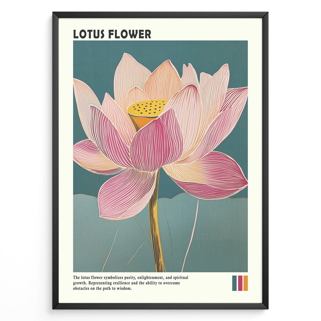 Plakater | Framed artistic illustration of a lotus flower with pink and cream petals on a teal background, accompanied by a description about its symbolism of purity, enlightenment, and spiritual growth.