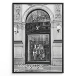 Load image into Gallery viewer, Fashion Plakat | Louis Vuitton Storefront – Galleria Vittorio Emanuele II, Milan Plakaty.dk | Black and white image of the Louis Vuitton store in Milan&#39;s Galleria Vittorio Emanuele II, showing ornate architecture, a large arched entrance, and a designer window display.
