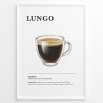 Load image into Gallery viewer, Lungo coffee recipe illustration with a long espresso in a clear glass cup.
