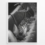 Load image into Gallery viewer, Fashion Plakat | Luxurious Cartier-Inspired Art Featuring Leopard on Velvet Sofa Plakaty.dk | Black-and-white image of a leopard lying on its back on a tufted velvet sofa, with the word &quot;Cartier&quot; elegantly overlaid at the top.
