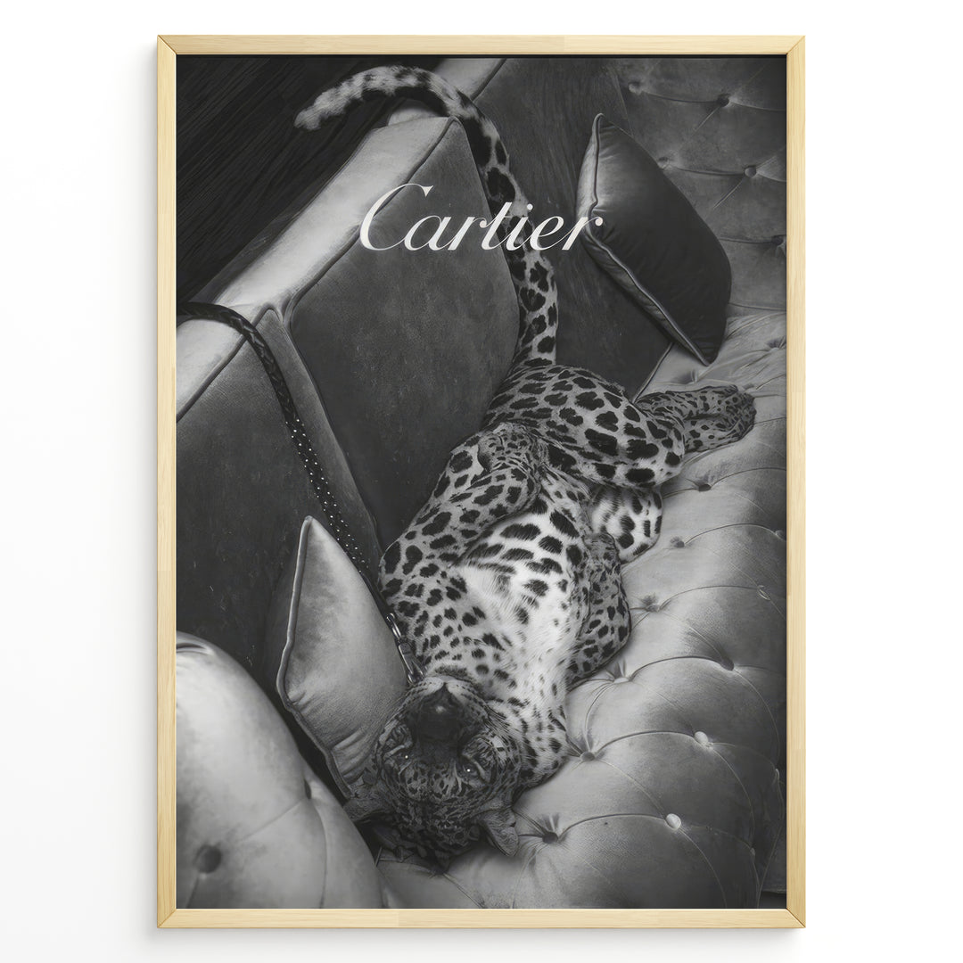 Fashion Plakat | Luxurious Cartier-Inspired Art Featuring Leopard on Velvet Sofa Plakaty.dk | Black-and-white image of a leopard lying on its back on a tufted velvet sofa, with the word "Cartier" elegantly overlaid at the top.