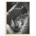 Load image into Gallery viewer, Fashion Plakat | Luxurious Cartier-Inspired Art Featuring Leopard on Velvet Sofa Plakaty.dk | Black-and-white image of a leopard lying on its back on a tufted velvet sofa, with the word &quot;Cartier&quot; elegantly overlaid at the top.
