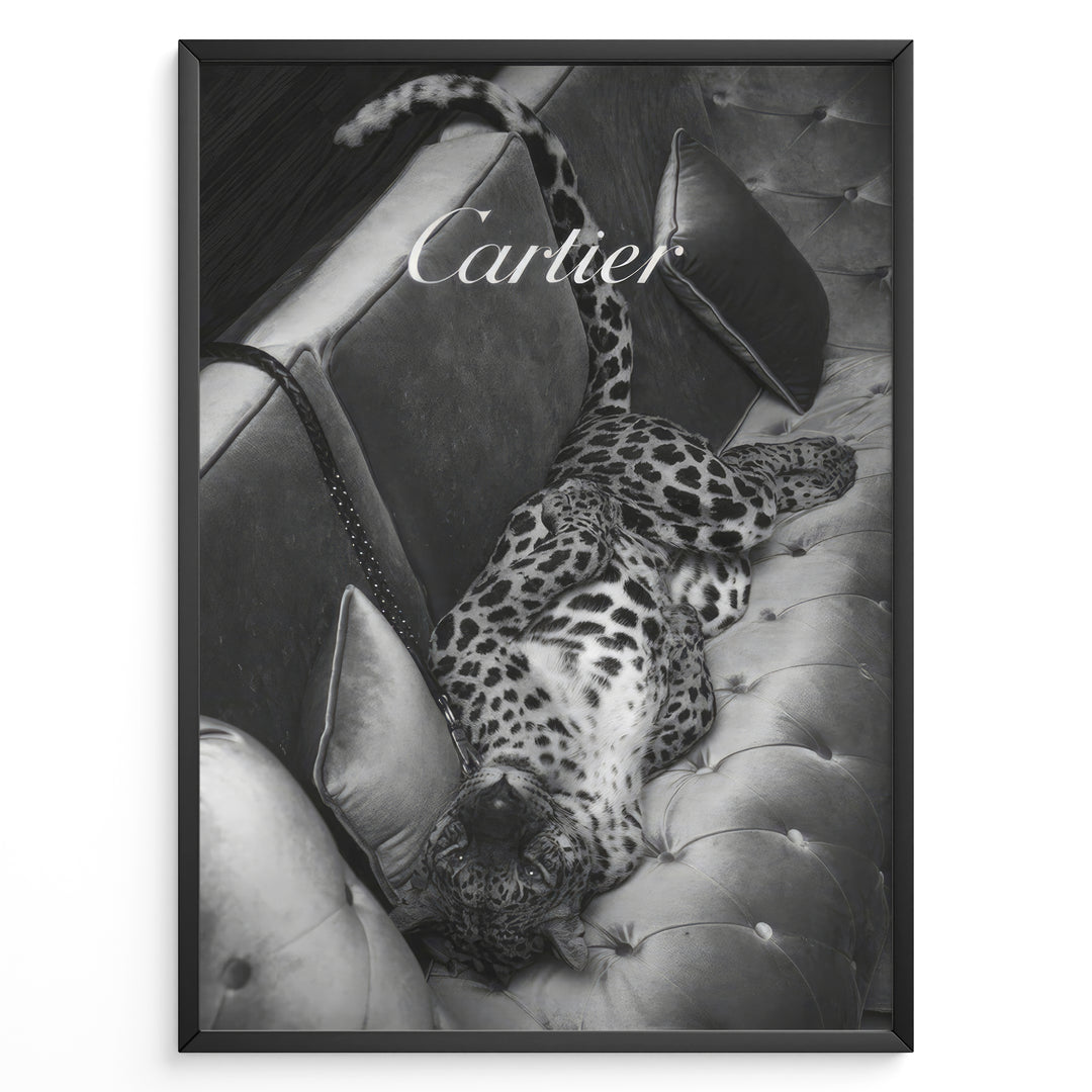 Fashion Plakat | Luxurious Cartier-Inspired Art Featuring Leopard on Velvet Sofa Plakaty.dk | Black-and-white image of a leopard lying on its back on a tufted velvet sofa, with the word "Cartier" elegantly overlaid at the top.