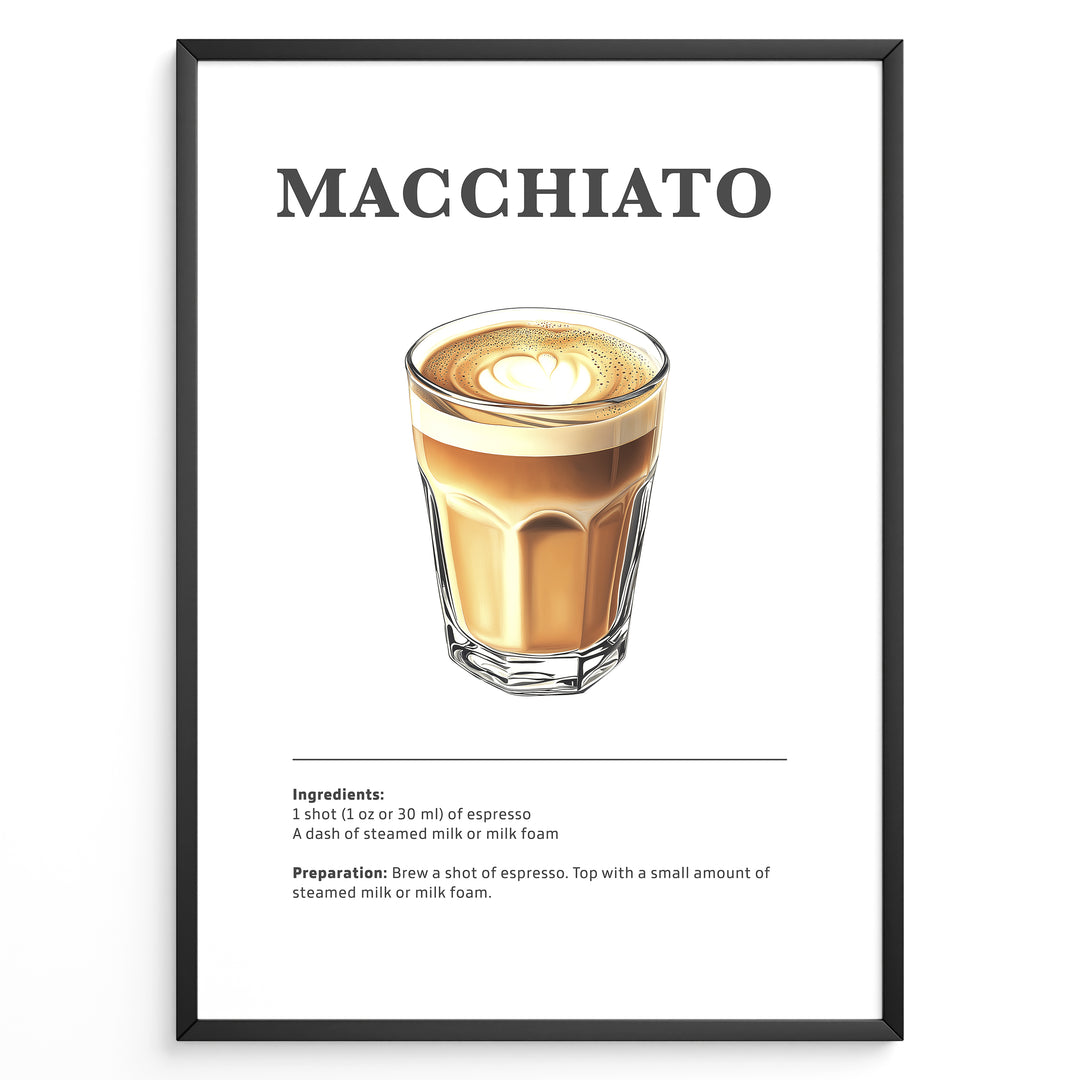 Macchiato coffee recipe illustration with espresso topped with milk foam.