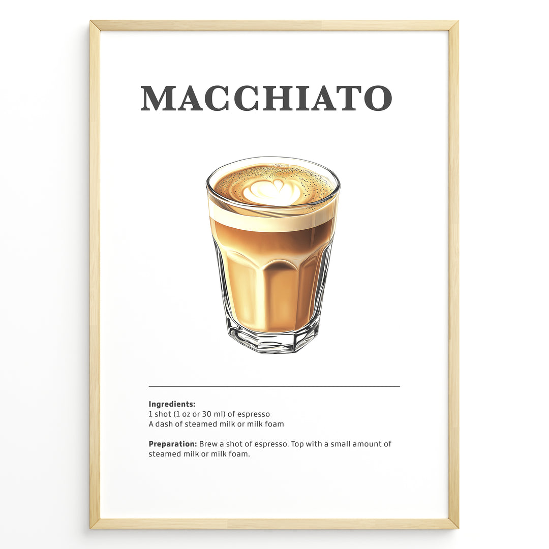 Macchiato coffee recipe illustration with espresso topped with milk foam.