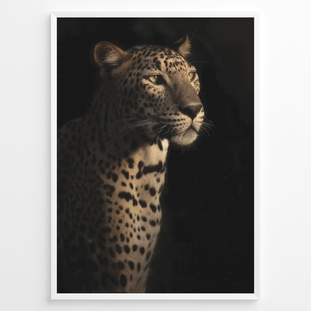 Fashion Plakat | Majestic Leopard in Shadow and Light Plakaty.dk | Portrait of a leopard in dramatic lighting, with half its face and body illuminated while the rest fades into shadow.