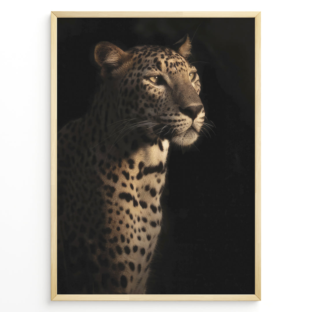 Fashion Plakat | Majestic Leopard in Shadow and Light Plakaty.dk | Portrait of a leopard in dramatic lighting, with half its face and body illuminated while the rest fades into shadow.