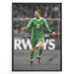 Load image into Gallery viewer, Manuel Neuer fodbold plakat hvor han jubler i Bayerns grønne målmandstrøje med røde handsker under Champions League kamp.
