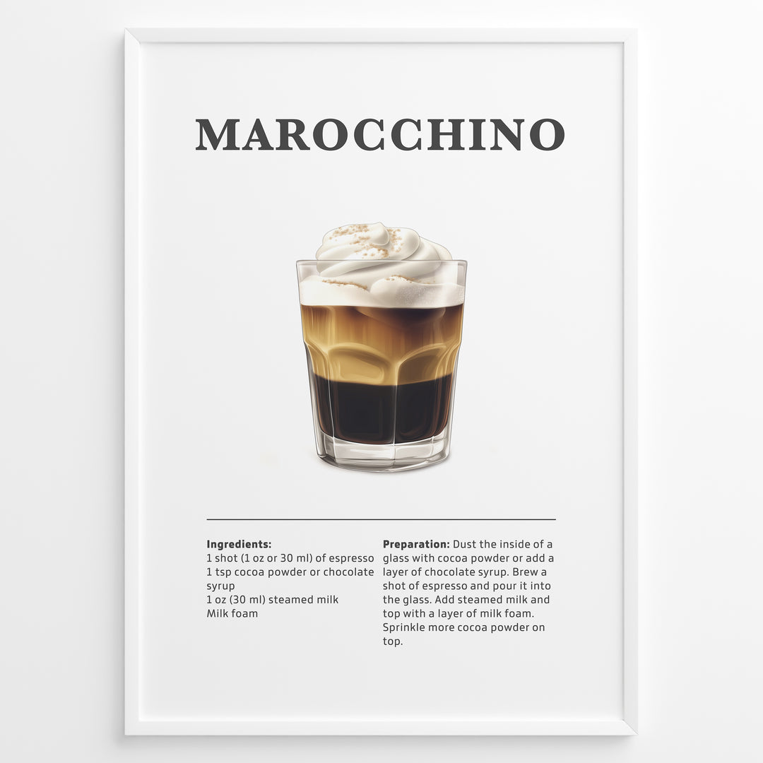 Marocchino coffee recipe illustration with espresso, cocoa, steamed milk, and milk foam.