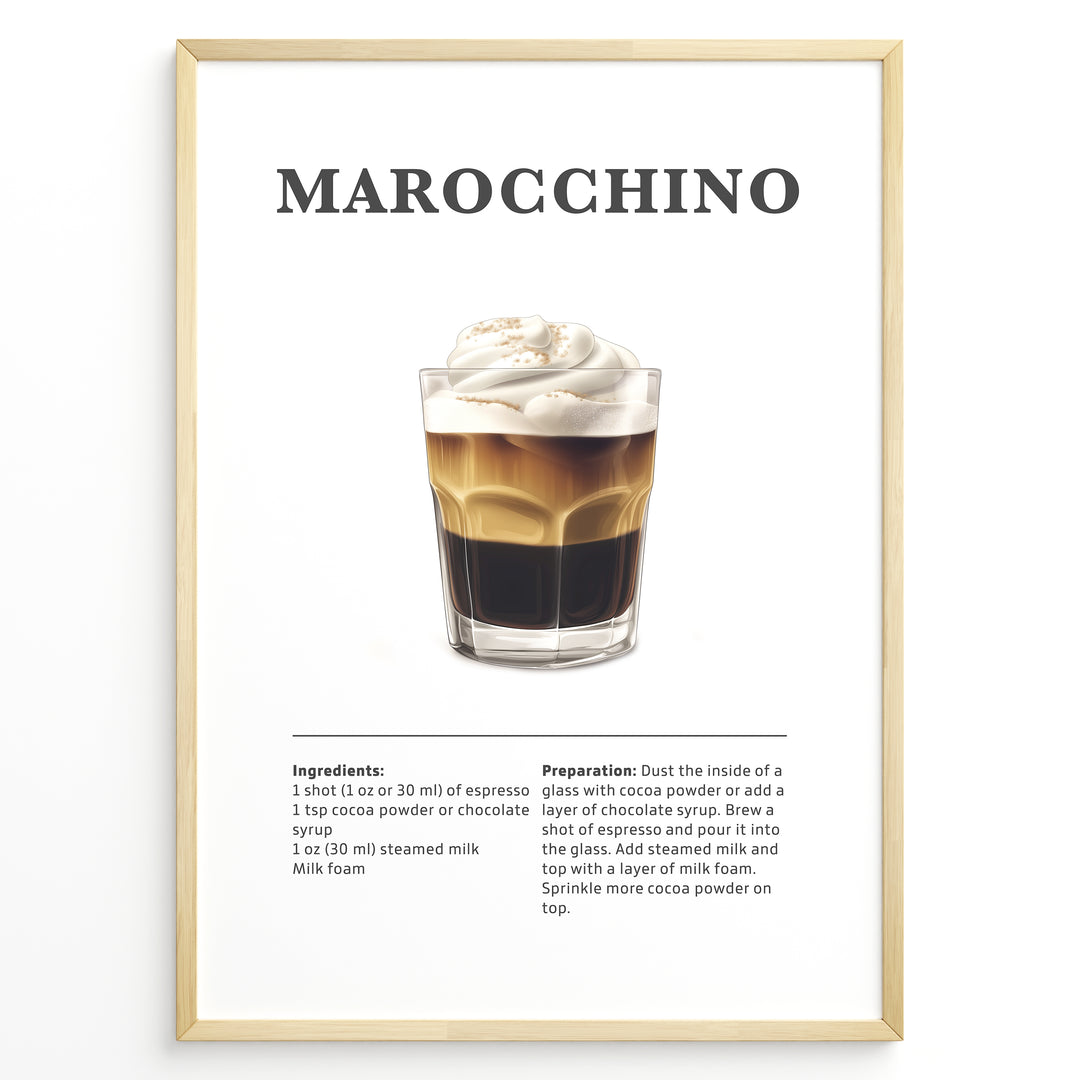 Marocchino coffee recipe illustration with espresso, cocoa, steamed milk, and milk foam.