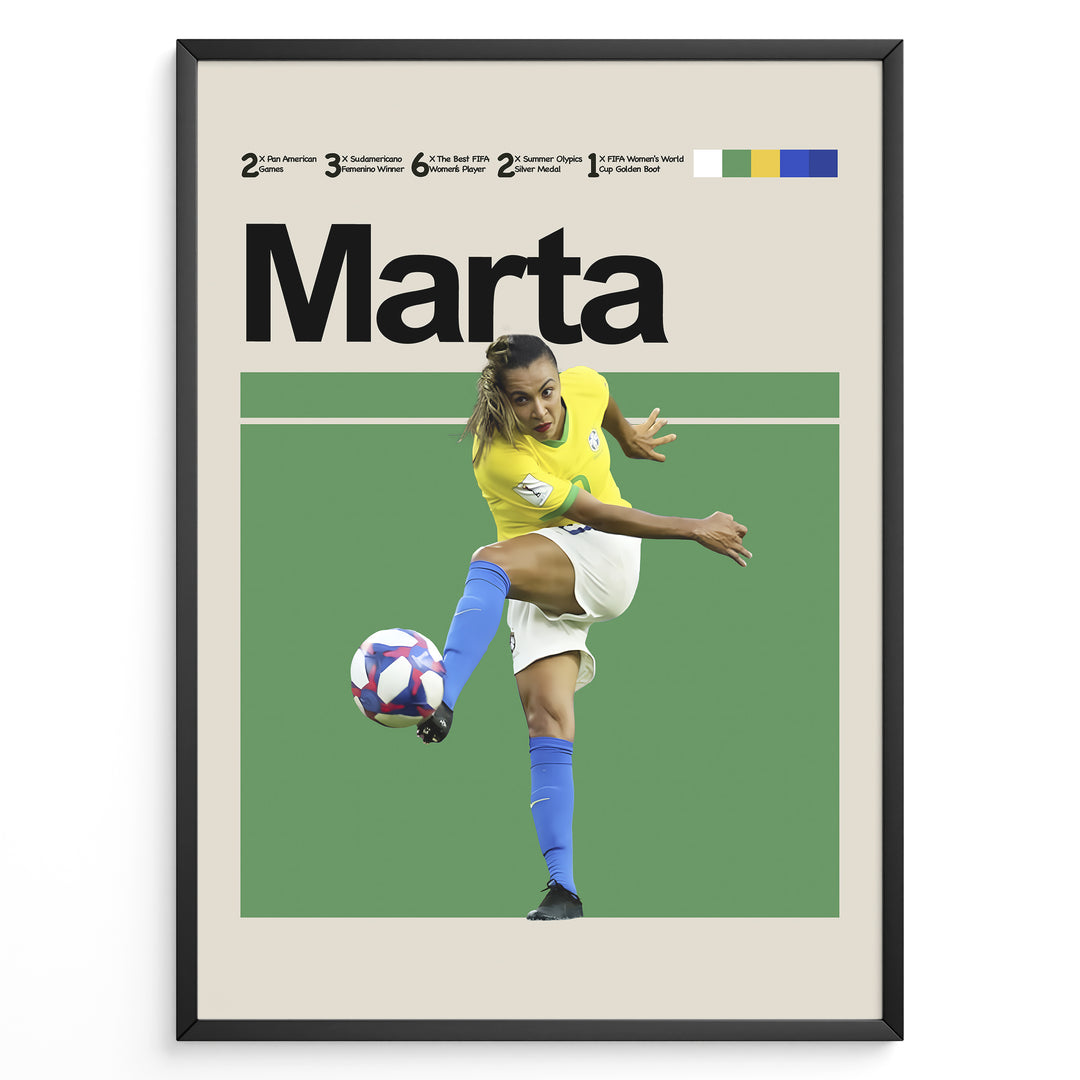 Marta Kvinde fodbold plakater | Brasilien landsholdstrøje i gul og blå med kraftfuldt spark – ikonisk motiv for fans af kvindefodbold