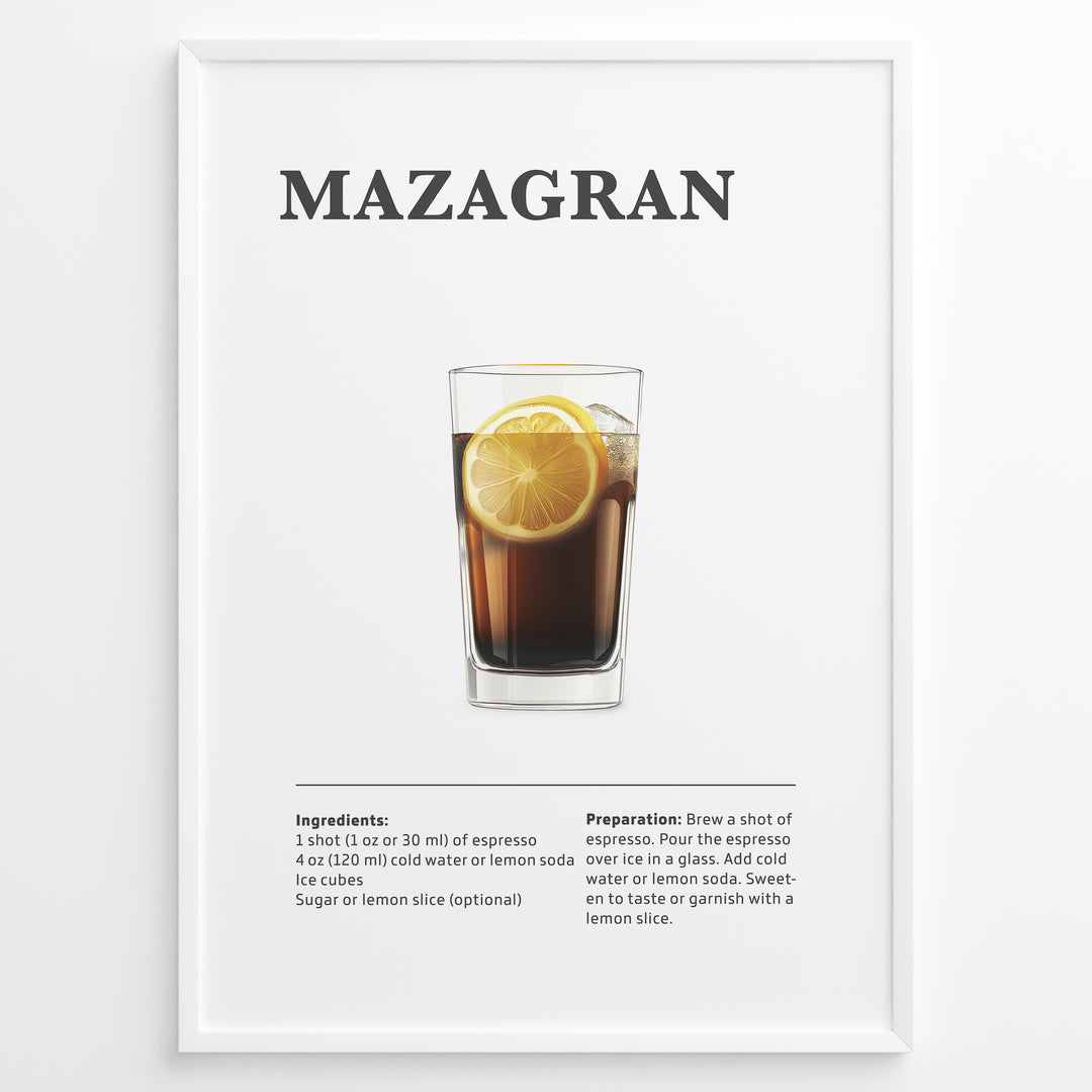 Mazagran iced coffee recipe illustration with espresso, lemon slice, and ice cubes.