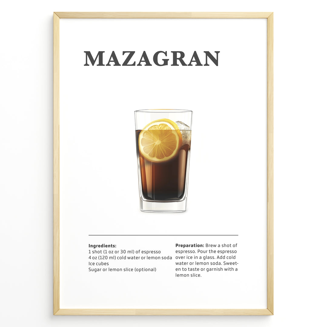 Mazagran iced coffee recipe illustration with espresso, lemon slice, and ice cubes.