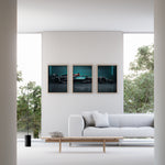 Load image into Gallery viewer, Triptych wall art plakat of the Mercedes-AMG Petronas F1 Team W15 Formula 1 car displayed in a modern living room with black leather furniture.
