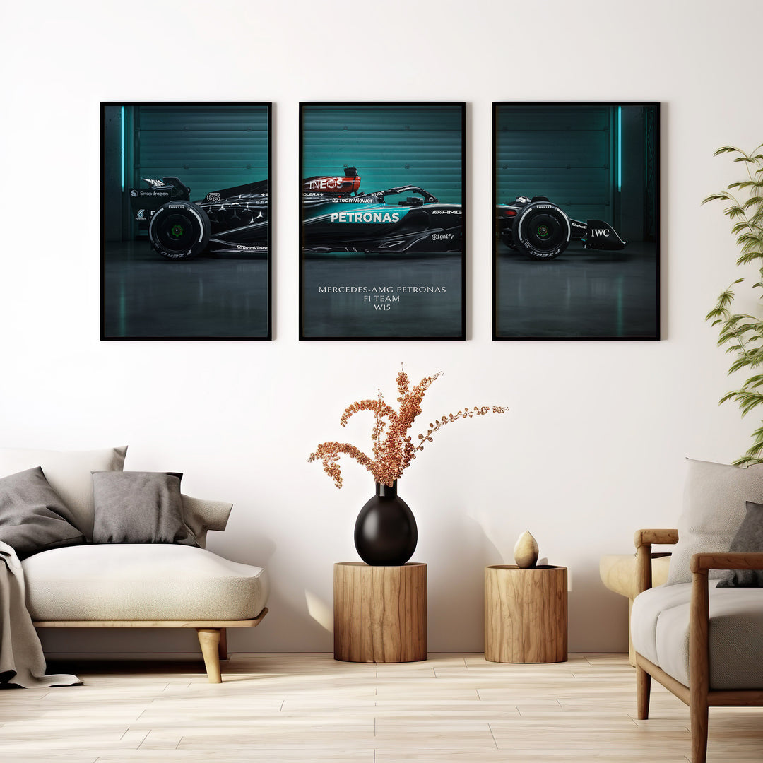Triptych wall art plakat of the Mercedes-AMG Petronas F1 Team W15 Formula 1 car displayed in a modern living room with black leather furniture.