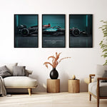 Load image into Gallery viewer, Triptych wall art plakat of the Mercedes-AMG Petronas F1 Team W15 Formula 1 car displayed in a modern living room with black leather furniture.
