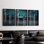 Load image into Gallery viewer, Triptych wall art plakat of the Mercedes-AMG Petronas F1 Team W15 Formula 1 car displayed in a modern living room with black leather furniture.
