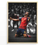 Load image into Gallery viewer, Mikel Merino plakat i Spaniens landsholdstrøje med moderne sort-hvid baggrund og jubelscene

