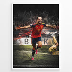 Load image into Gallery viewer, Mikel Merino plakat i Spaniens landsholdstrøje med moderne sort-hvid baggrund og jubelscene
