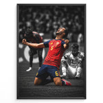 Load image into Gallery viewer, Mikel Merino plakat i Spaniens landsholdstrøje med moderne sort-hvid baggrund og jubelscene
